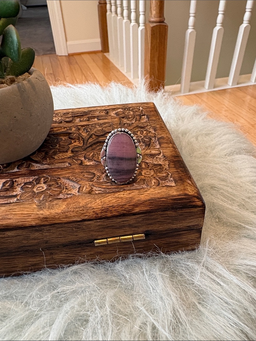 Oval Pink Stone Statement Ring - Silver-Tone Bezel